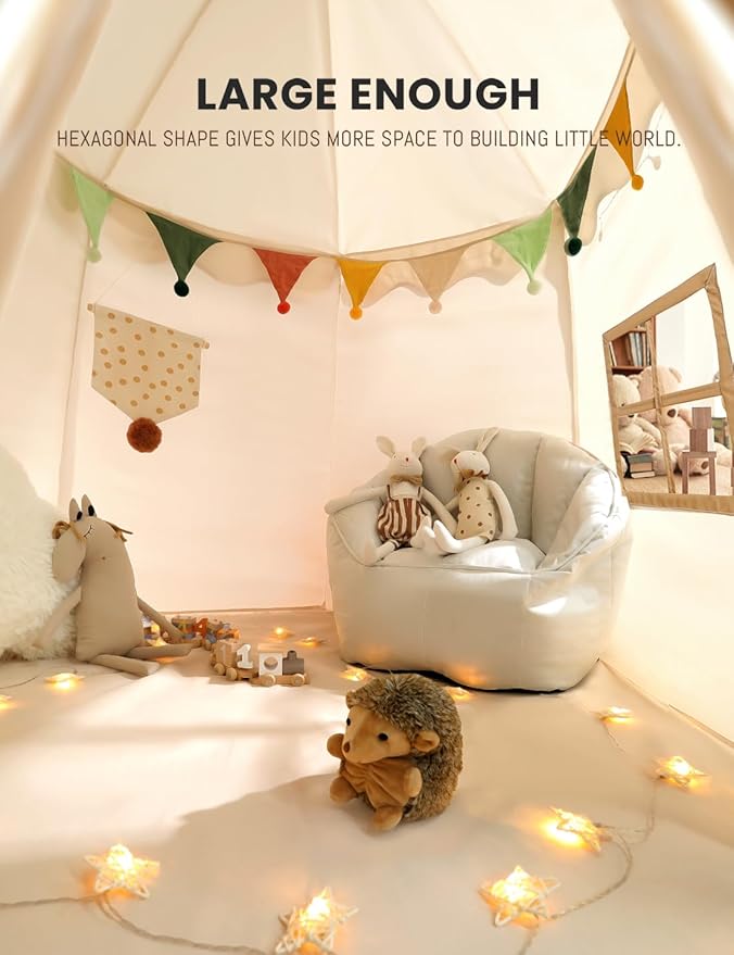 besrey Hexagonal Kids Play Tent, Large Children's Fort with Star Lights, Easy Setup for Indoor Outdoor Playhouse, Gift for Boys Girls, White