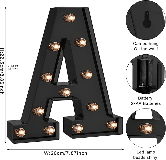 Foaky Black LED Letter Lights for Room Decor - Bedroom Wall Decor, Alphabet Lights for Home, Wedding, Party - Battery Operated （A）