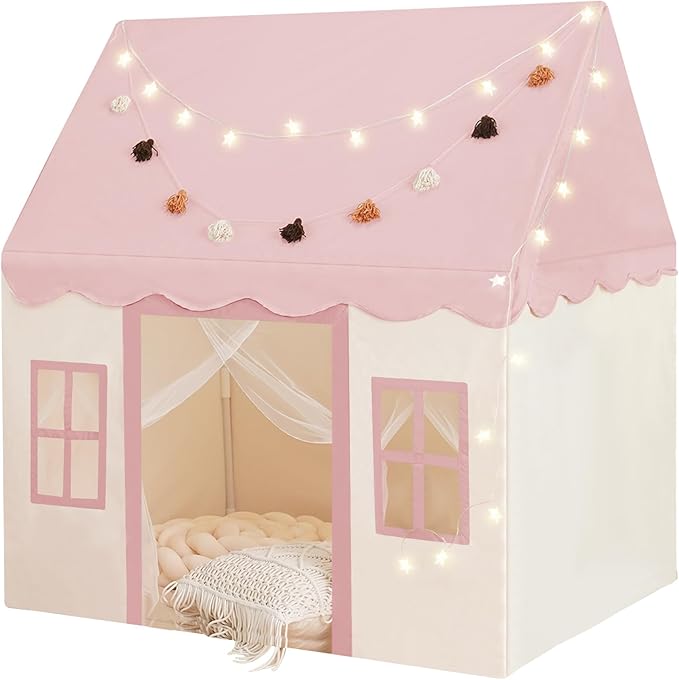 Large Kids Tent with mat, Star Lights, Tissue Garland, Play Tent Indoor & Outdoor, Kids Play Tent for Girl & Boy Aged 3+, Kids Tent for Toddler, 52" x35" x 52" Play House with Windows, Washable, Pink