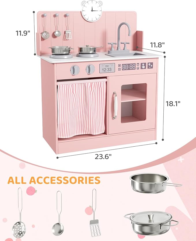 MAMIZO Kids Kitchen Playset with Ample Storage, Interactive Play Kitchen with Simulated Gas Cooker, Clicking Knobs, Sink, Faucet, 6 Pcs Cookware, Educational Clock for Toddlers (Pink)