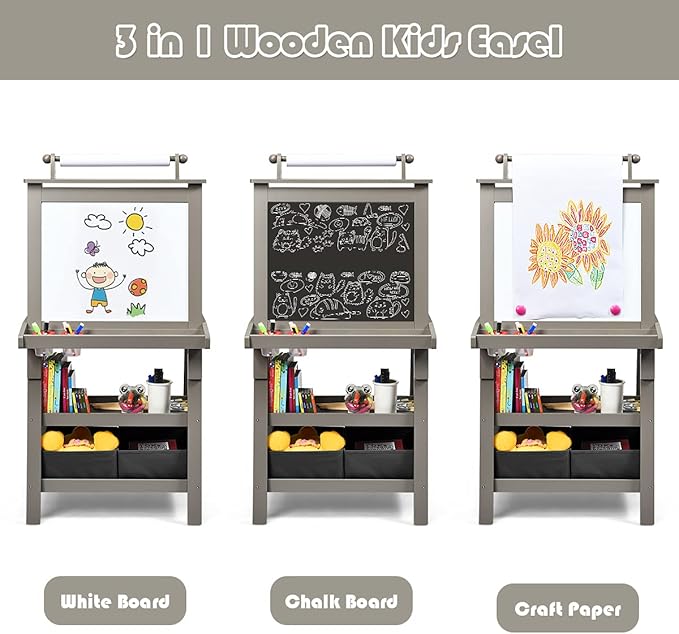 Costzon Kids Art Easel, 3 in 1 Double-Sided Wooden Easel w/Magnetic Whiteboard, Chalkboard & Paper Roll, 2-Tier Rack w/ 2 Storage Boxes, Standing Easel for Kids, Toddlers, Boys, Girls (Grey)