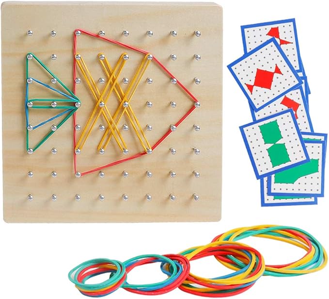 Kizh Wooden Geoboard Math Manipulative Material Graphical Geo Board Montessori Educational Toys Array Block Pattern Cards and Rubber Bands STEM Puzzle Matrix 8x8 Brain Teaser Toys