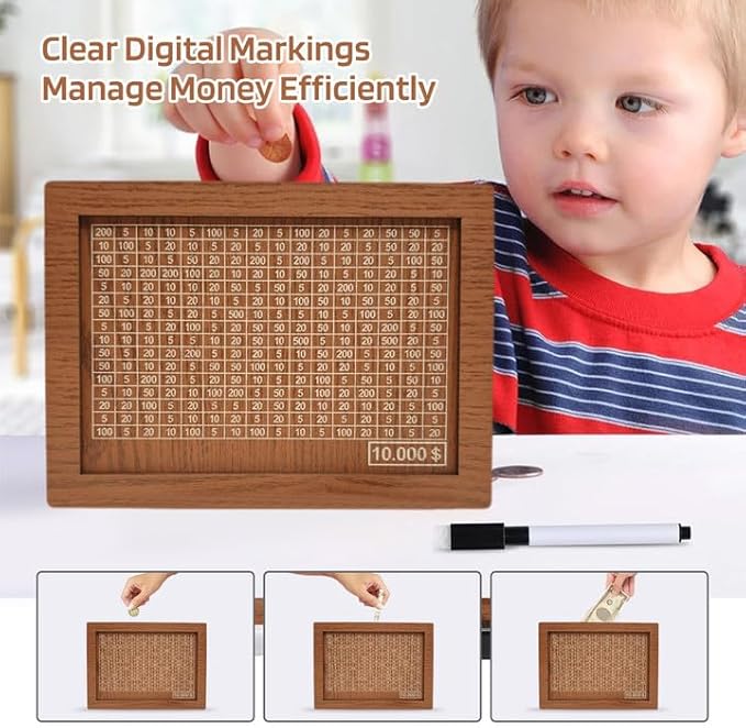 10000 Savings Challenge Box, Money Saving Box with Money Target and Numbers, Cash Vault Wooden Savings Box, Wooden Money Box, Coin Counter Piggy Bank for Adults, Wooden Coin Bank for Kids 2,000