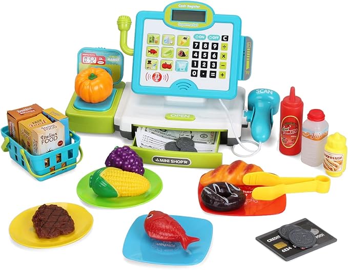 FS Pretend Play Cash Register Toys with Scanner, Calculator, Large Drawer, Microphone, Play Food, Supermarket Cashier Register Toy, Pre-School Gift for Kids, Toddlers, Boys & Girls, Ages 3 4 5 6 7 8