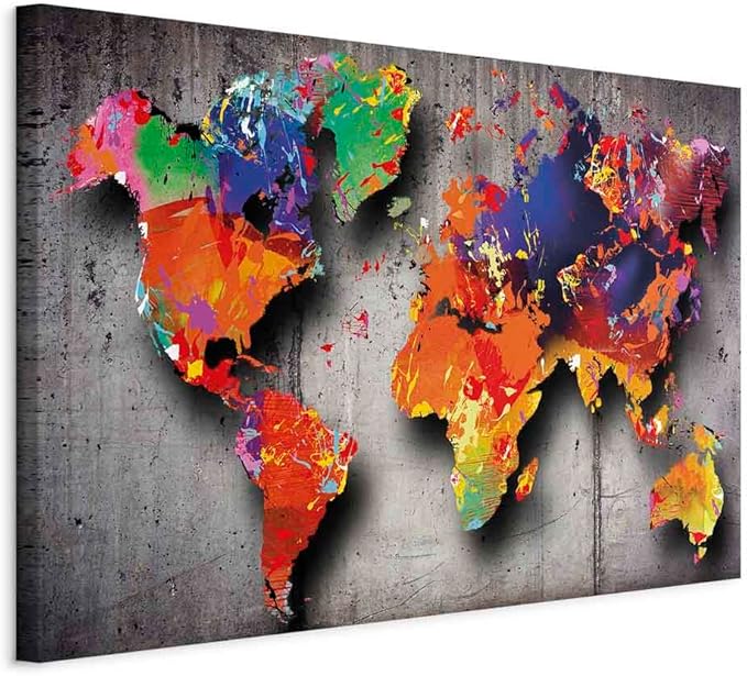 artgeist Canvas Wall Art World Map 35x24 in - 1pcs Home Decor Framed Stretched Picture Photo Painting Artwork Image - Map Worldmap Continents Grey Colorful k-A-0507-b-a
