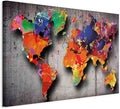 artgeist Canvas Wall Art World Map 35x24 in - 1pcs Home Decor Framed Stretched Picture Photo Painting Artwork Image - Map Worldmap Continents Grey Colorful k-A-0507-b-a