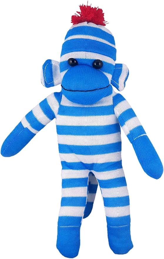 Adorable Sock Monkey, The Original Traditional Hand Knitted Stuffed Animal Toy Gift-for Kids, Babies, Teens, Girls and Boys Baby Doll Present Puppet (16" Blue)