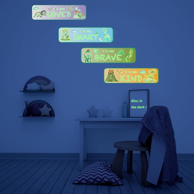 4 PCS Glow in The Dark Dinosaur Wall Decals, Luminous Self-Adhesive Dinosaur Toddler Room Stickers for Boys Motivational Wall Art Inspirational Sticker for Girls Kids Baby Nursery