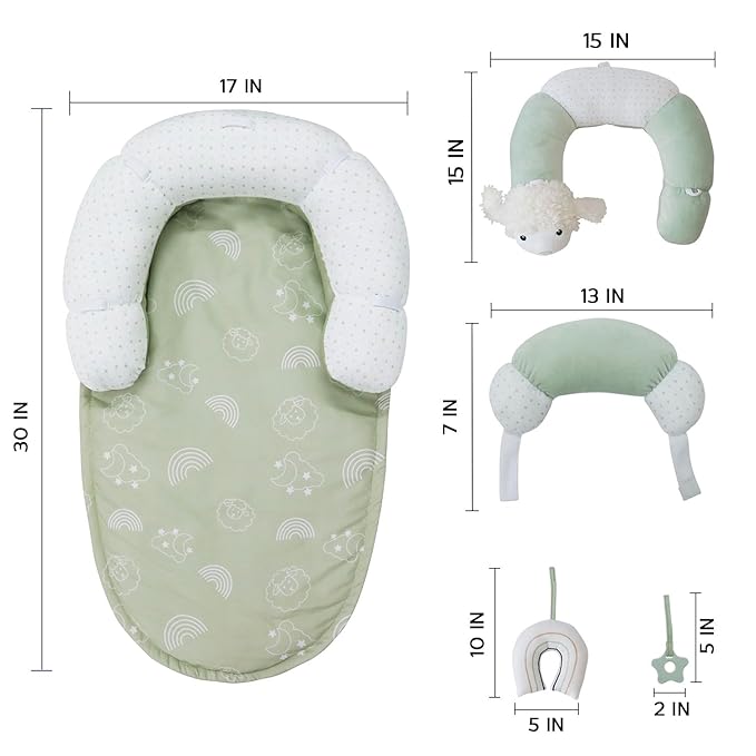 2-in-1 Tummy Time Mat and Seated Support with Sensory Toys – for Newborns and Babies – Includes Detachable Cushion for Supervised Play & Head/Neck Development (Sage)