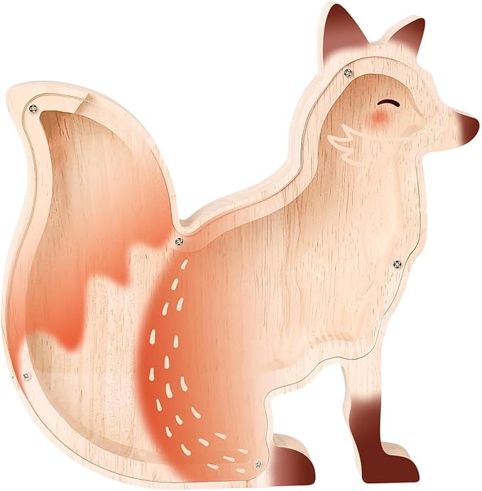 Wooden Fox Piggy Banks for Kids, Adorable Fox Piggy Bank with Acrylic Panels, Unbreakable Toddler Money Box for Girls Adults Boys, Cute Saving Coin Jar for Birthday Décor
