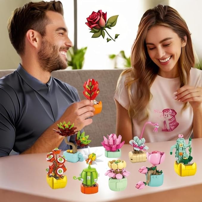 Sawaruita 10 Pack Succulents Plants Flowers Bonsai Building Set - Botanical Collection Building Toys for Adult -Gifts for Mother's Day, Valentine's Day,Easter Party Favors
