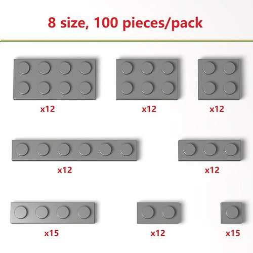 100 Pieces Classic Building Plate Assortment Pack, 8 Sizes Small Baseplates Multipacks, Compatible with Lego Parts and Pieces, Small Plate for Building(Color:Dark Gray)