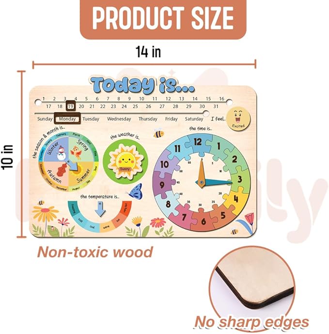 Interactive Calendar for Kids Ages 3+, Wooden Toddler Calendar, Teaching Seasons, Years, Months, Days of Week, Daily Activity Calendars for Kid Preschool & Homeschool (10 x 14 inches)