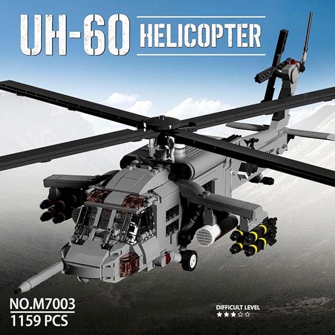 MISINI M7003 UH-60 Black Hawk Helicopter Building Blocks Set, 1159 Pieces Military Series Air Force Medium Utility Helicopter, 1:35 Adult Collection Toy Gift Model Aircraft
