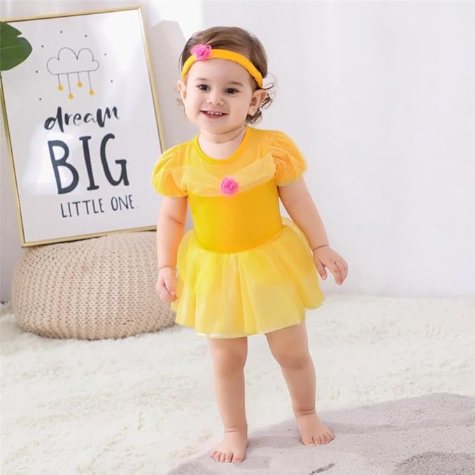 Dressy Daisy Princess Onesie Romper Fancy Dress Costume Halloween Birthday Bodysuit Outfit with Headband for Infant Baby Girl