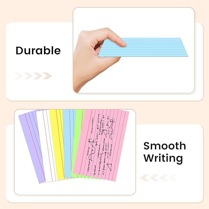 300 Count Index Cards 3x5 Inch Colored - 180gsm Heavyweight Flash Card (50 Sheets Each), Durable & Portable Note Taking for Students, Teachers, Study Flashcards for School Office Home