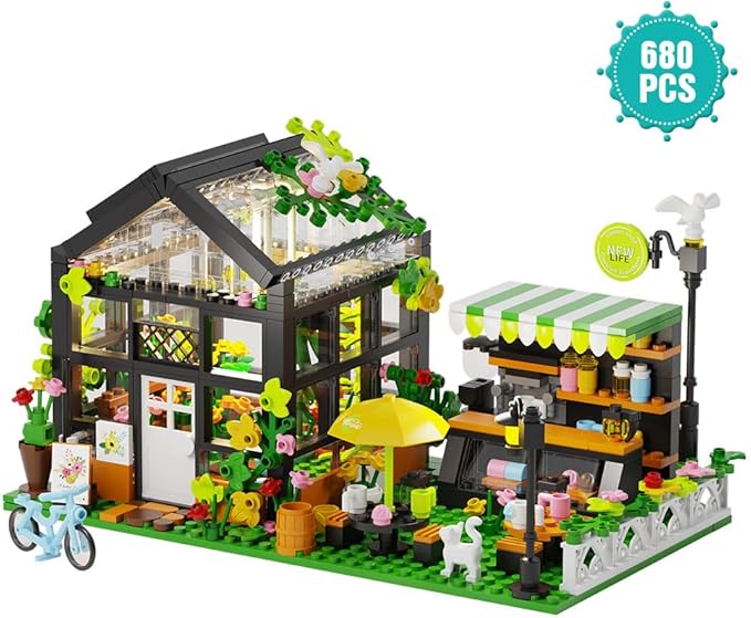 Flower House Building Set with LED, City Street House Flower Shop Building Blocks Toy, Valentine Gift for Girls 8-12 Year, Mini Brick 680pcs