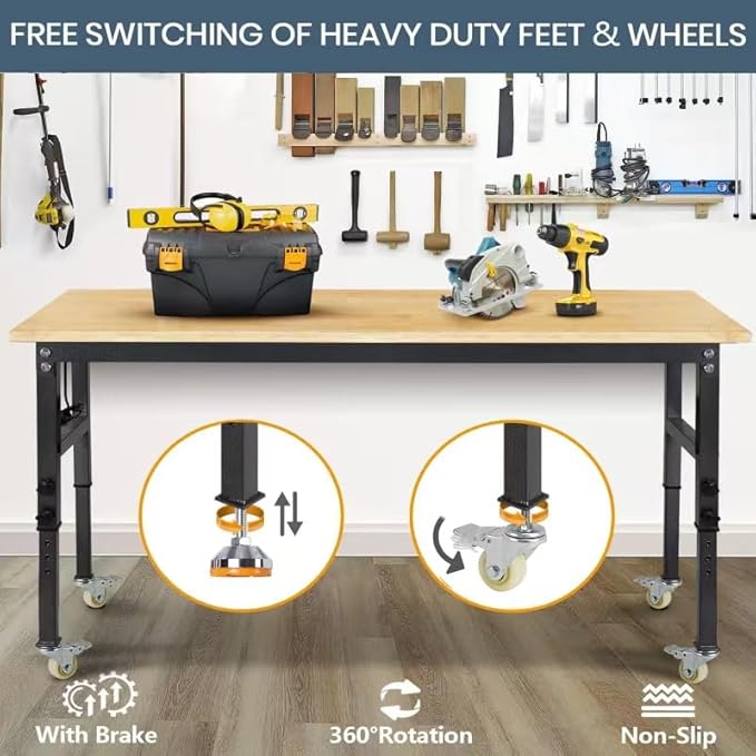 70'' Adjustable Workbench, Rubber Wood Top Work Bench Heavy-Duty Work Table with Socket, Wheels and Fixed Legs 2000 LBS Load Capacity Hardwood Sewing Table for Garage, Workshop, Home, Office