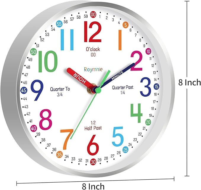 Wall Clock for Kids Learning to Tell Time Easily Non Ticking Battery Operated Kids Teaching Clock Silent Colorful Teaching Time Clock Decorative for Kids Room Classroom School (8 Inch)