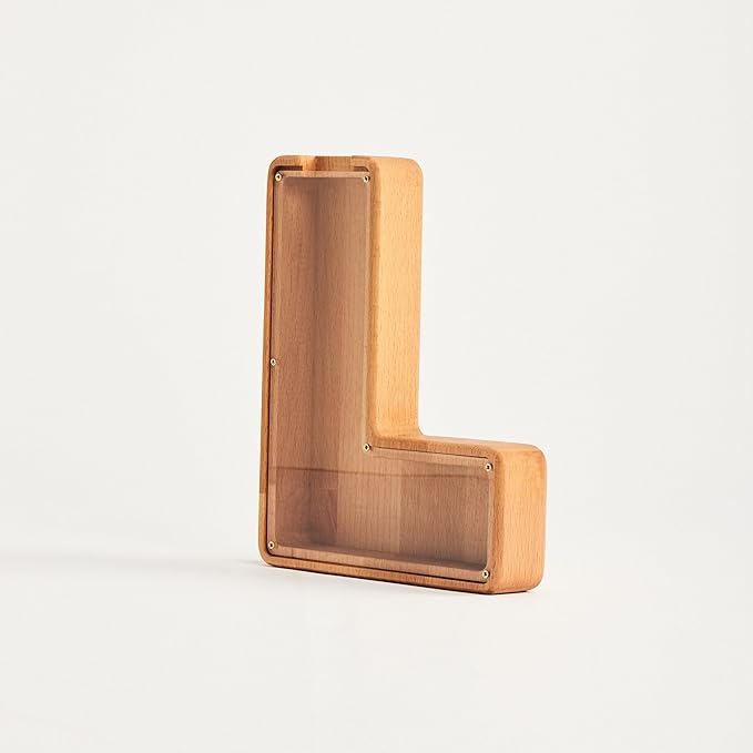 Personalized Wooden Piggy Bank – Custom Letter L Coin Bank in Beech Wood with Clear Acrylic Front, Engraved Name Option, Money Saving Box for Kids and Adults