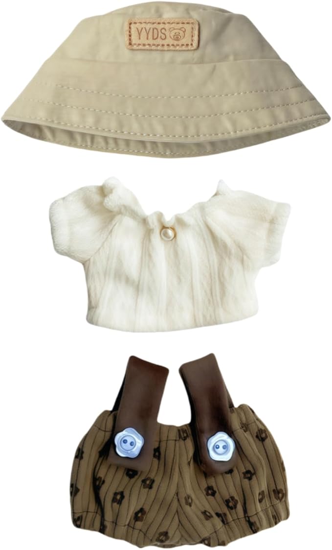 Clothes for Dolls Accessories (No Doll), Cute Outfit Set 3 Pieces Bib Pants Suitable for 15 & 17cm Doll Suit, Stylish Dress Up Overalls Doll Clothing Set Replacement with Hat Clothes Brown