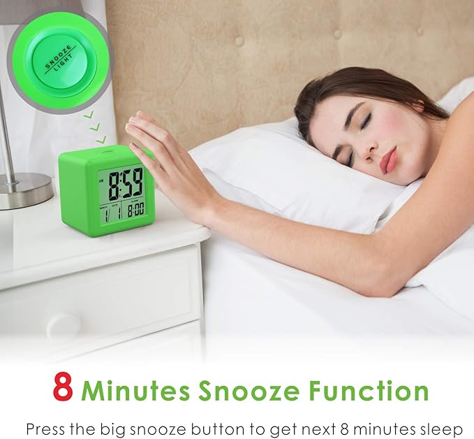 Plumeet Digital Alarm Clock Kids with Snooze and Nightlight - Easy Setting Silicone Clock Display Time, Date - Loud Alarm Clock for Bedroom - Battery Powered (Green)