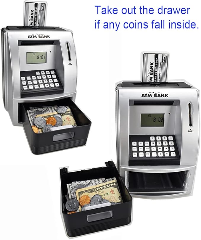 ATM Piggy Bank for Kids, Electronic Money Bank with Coin Counter, Goal Tracker, Password & Card, Auto Bill Intake with Voice Prompts – Compact Savings Gift for Boys & Girls Ages 6–12 (Black)