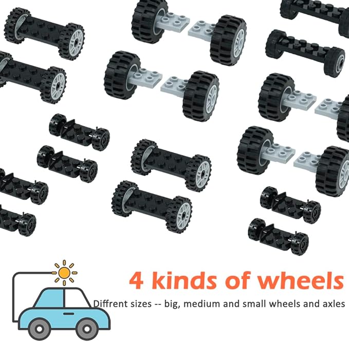 Wheels and Axles Building Blocks Set, Vehicle Truck Tires Compatible with Classic Bricks Car Parts