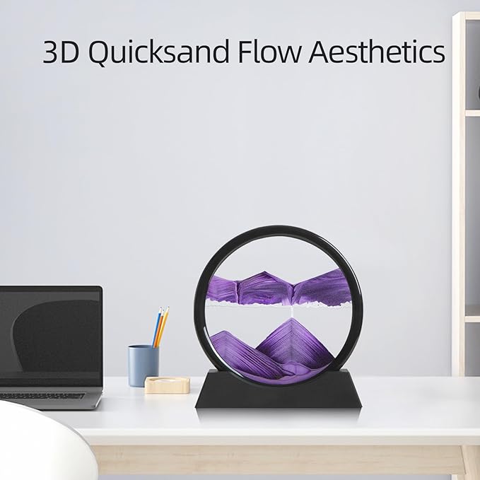 Moving Sand Art Liquid Motion, 3D Deep Sea Sandscape Color Quicksand Decor, Round Glass Moving Sand Art Picture Relaxing Desktop Home Office Work Decor (Purple, 7 inch)