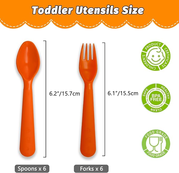 12 Pcs Kids Spoons and Forks Toddler Utensils Plastics Reusable Silverware Baby Cutlery Set Feeding Dinnerware Utensils BPA Free Microwave Dishwasher and Freezer Safe- Orange