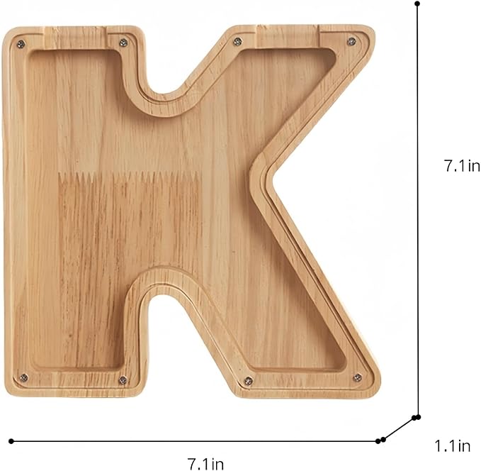 Wooden Alphabet Piggy Bank Clear Acrylic Panel Coin Savings Box Personalized Money Bank for Kids Boys Girls Adults, Birthday Home Décor(K)