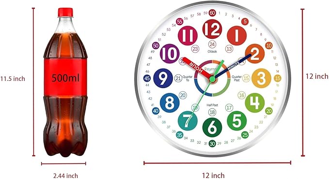 Wall Clock for Kids Learning - Teaching Time Wall Clocks Battery Operated Silent Non Ticking - Analog Colorful Clock Decorative for Kids Room Classroom School(12 Inch&Silver)