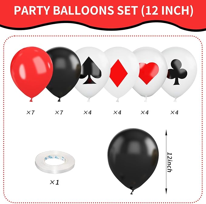 Poker Balloons, Casino Theme Party Balloons Black White Red Poker Card Latex Balloon Red Black Happy Birthday Carnival Balloon for Poker Casino Night Party Supplies Indoor Outdoor Decor