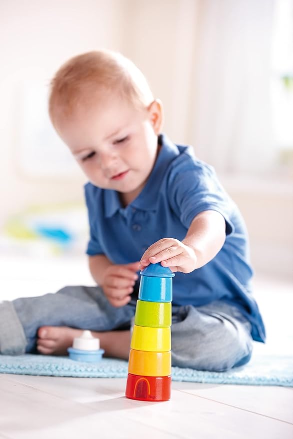 HABA Wooden Stacking Toy Rainbow Lighthouse, 8-Piece Building Blocks Set Made in Germany, Educational Wooden Toddler Toys for Motor Skills, Ages 1 and up