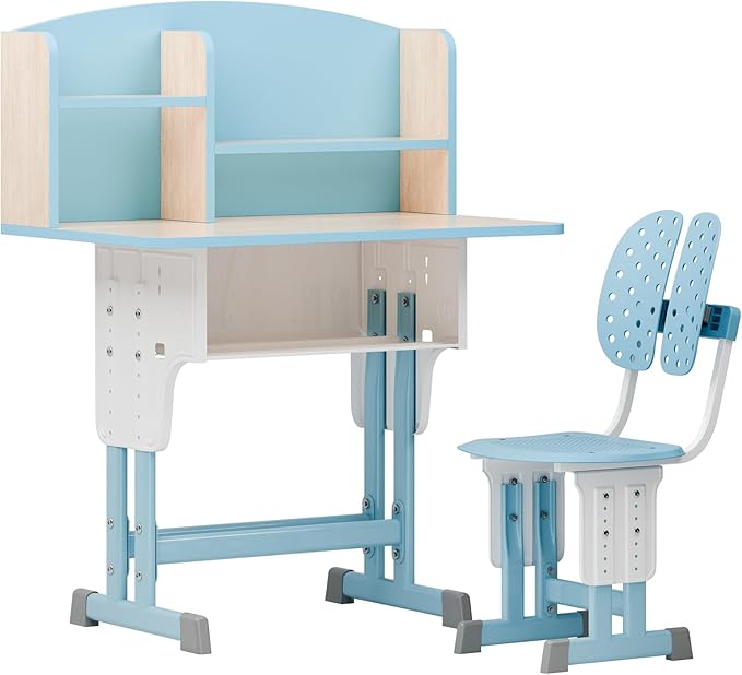 2025 NEW Kid's Study Desk and Chair Set, Ergonomic Height Adjustable Children Study Desk with Tilt Desktop, Book Stand, Light, Metal Hook and Storage Drawer,Gift for Boys Girls (Blue 70cm no lean)