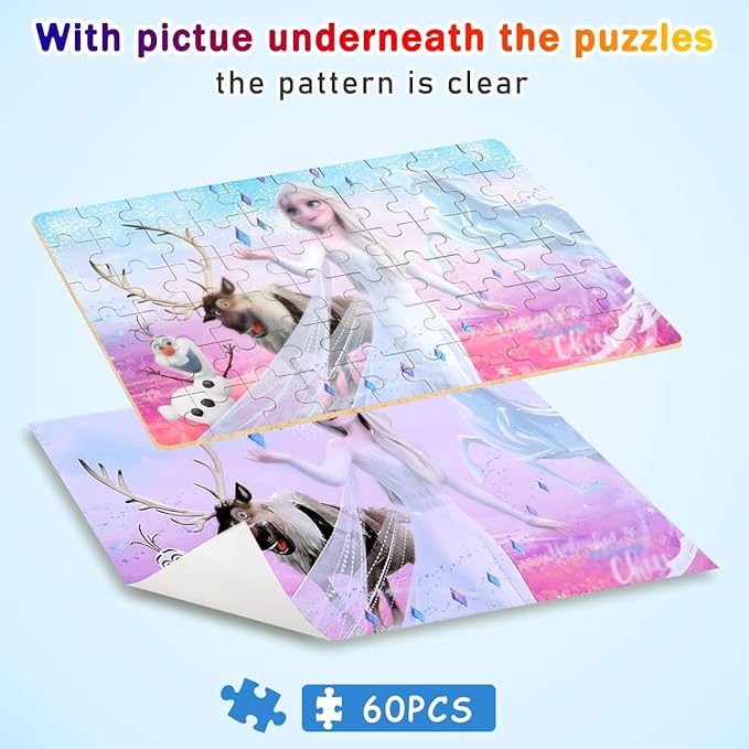Puzzles for Kids Ages 4-8,Kid Puzzls in a Metal Box,Winter Princess Snowman Deer Horse Small Puzles,Kids Boys Girls Learning Educational Puzzes Packed in Tin Box,60 Pieces