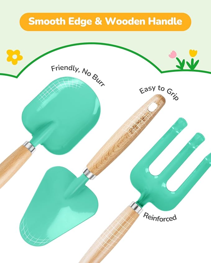Kids Gardening Set Toys,Includes Metal Trowel,Transplanting Shovel,Garden hat,Rake,Apron,Gloves,Watering Can,and Tool Organizer Bag (Lake Green)