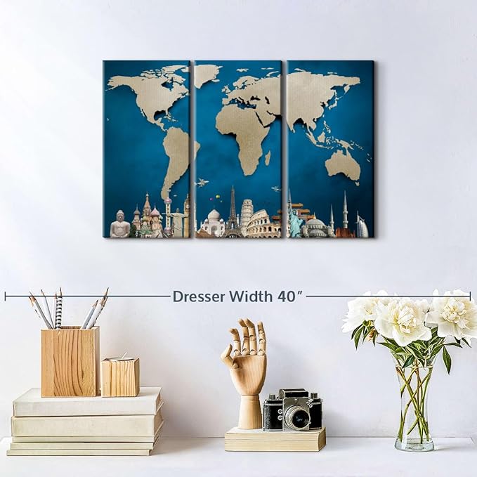 ElephantStock Ocean Blue World Map Multi Piece Canvas - 3 Panel Wall Decor - Map of the World Art - Canvas for the Office and Home - 23" X 14"