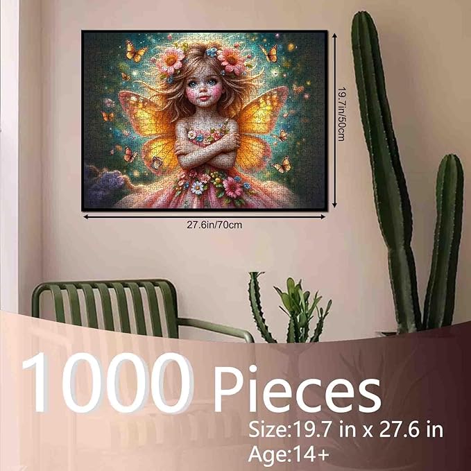 Tucocoo Puzzles for Adults 1000 Piece, Orange Wing Fairy Girl Surrounded by Butterflies, Fantasy Puzzle for Relaxation, Enchanted Dreamy Night Sky Scene Puzzle Challenging Jigsaw Gift Home Decor