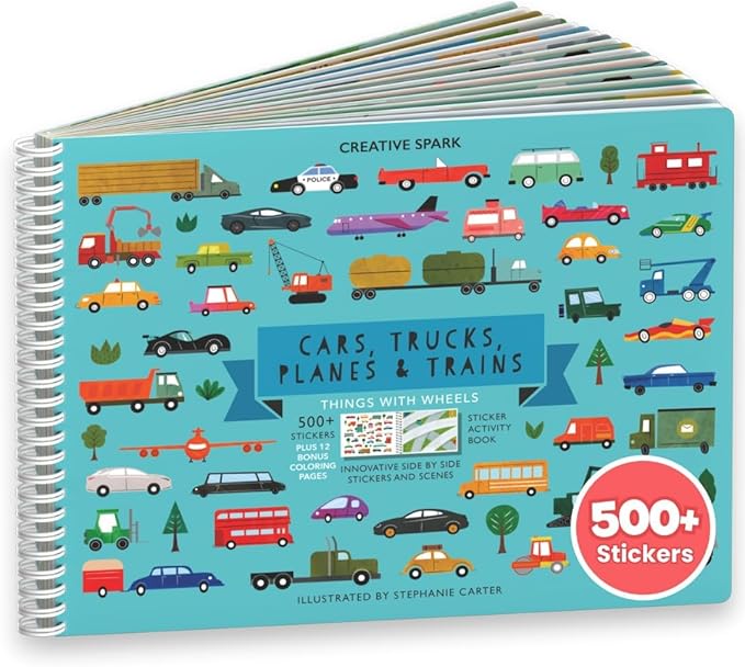 CUPKIN Sticker Book for Kids 2-4, 500+ Kids Stickers, Cars, Trucks, Planes & Trains 12 Coloring Pages 12 Side by Side Scenes, Fun Toddler Travel Activity Coloring and Sticker Books for Ages 4-8 + 8-10