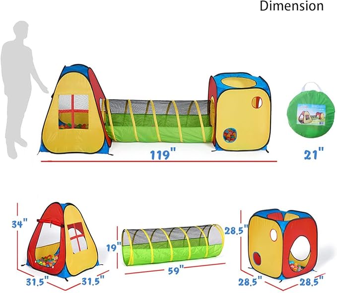 UTEX 3 in 1 Pop Up Play Tent with Tunnel, Ball Pit for Kids, Boys, Girls, Babies and Toddlers, Indoor/Outdoor Playhouse