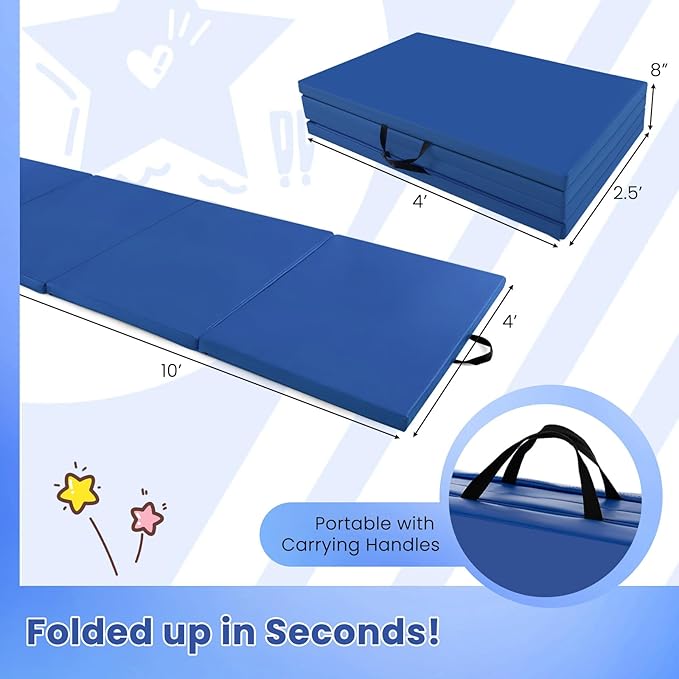 Giantex 4'x10'x 2" Gymnastics Mat, 4-Panel Folding Aerobics Exercise Mat w/Hook & Loop Fastener, Carrying Handle, Portable Tumbling Mat for Stretching Yoga Cheerleading Martial Arts