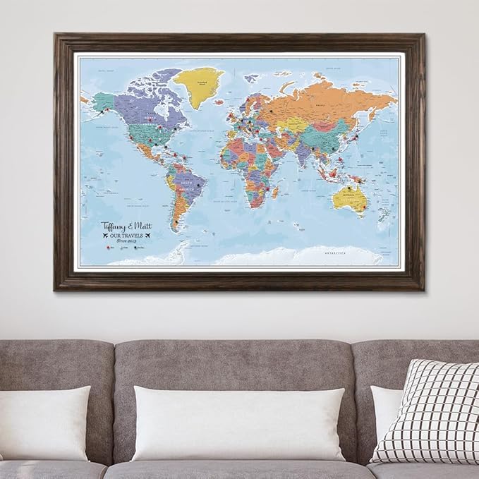 Push Pin Travel Maps Canvas - Personalized Blue Oceans World with Solid Wood Brown Frame