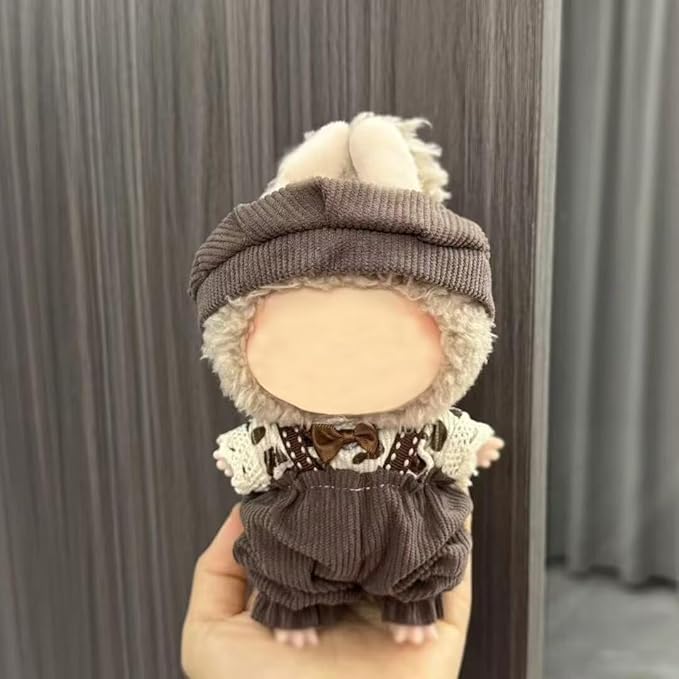 Clothes for Iabubu(NO Doll),Cute Handcrafted Crochet Set for Iabubu Clothes,Fashion Dressy Doll Outfit Accessories,Stylish Doll Accessories for 17cm Doll(Brown Hat+Beige Top+Brown Suspenders)