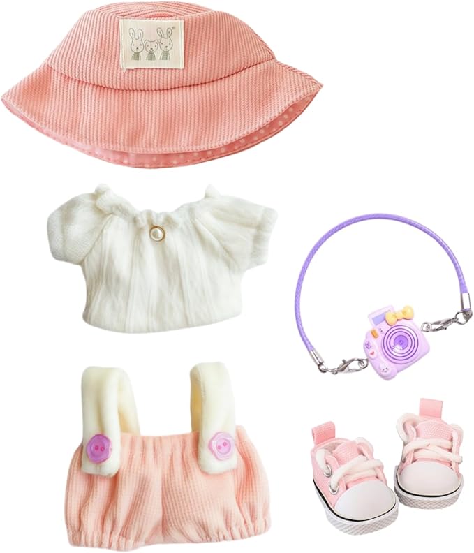 Clothes for Dolls Accessories (No Doll), Cute Outfit Set 5 Pieces Bib Pants for 15 & 17cm Doll Suit, Stylish Dress Up Overalls Doll Clothing Set Replacement with Hat Clothes Shoes Pink