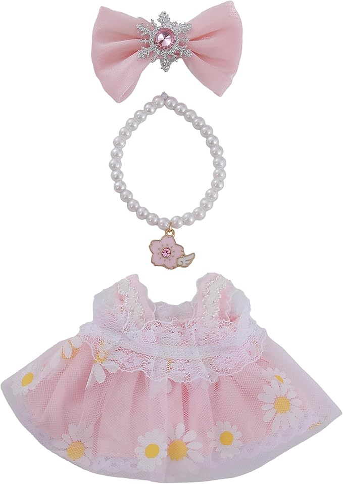 Pink 17cm Doll Clothes Set 3-Piece Doll Dress Set with Necklace and Bow Decor Accessories Clothes Only