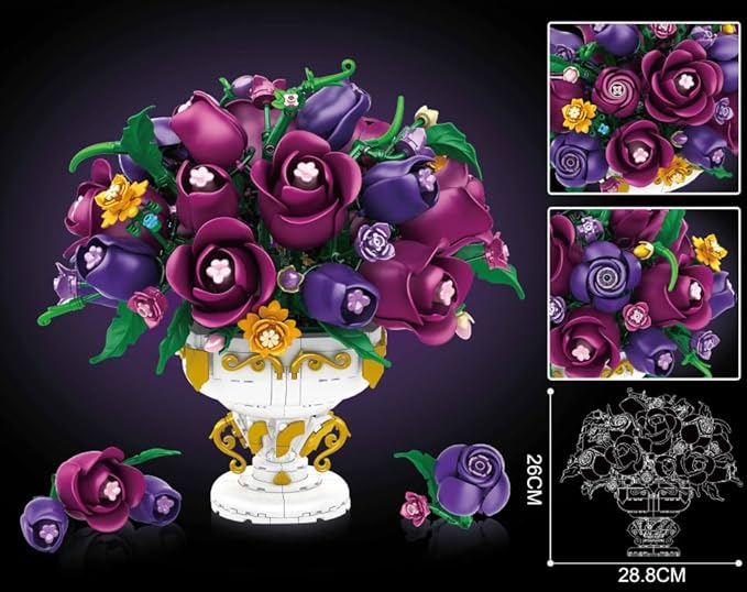 Purple Rose Flower Building Set with Vase, 969 PCS Botanicals Flowers Bouquet Building Block Kit, 18 Rose Bonsai Plant Collection Home Decor, Birthday Gift for Adults Women Boys Girls 12+