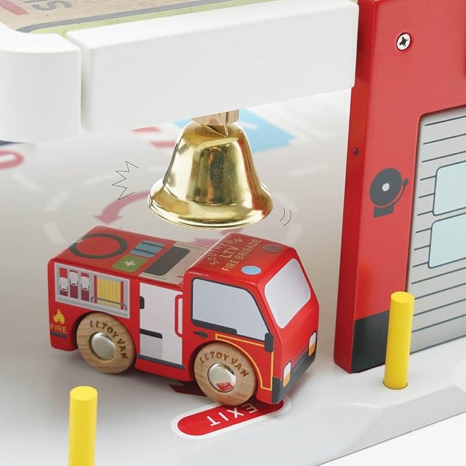Le Toy Van Wooden 3 Storey Fire & Rescue Garage Toy Car Play Set, Vehicle Role Play Toys, Suitable for 36+ Months, TV453