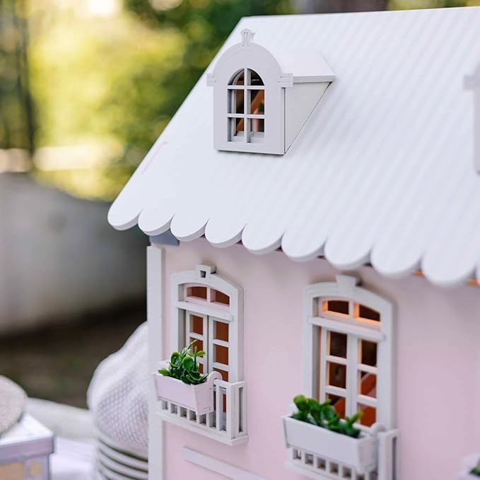 Wooden Dollhouse - 55+ Pieces Furniture and Accessories - Large 3-Story Wooden Doll House with Modern Decor