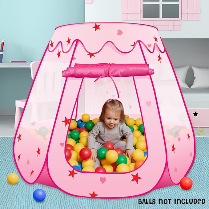 ArtCreativity Pop Up Princess Tent, Kids Playhouse Tent with a Carry Bag, Foldable Pink Princess Ball Pit for Girls 1,2 3,4 Year Old Birthday, Indoor & Outdoor Play House for Kids